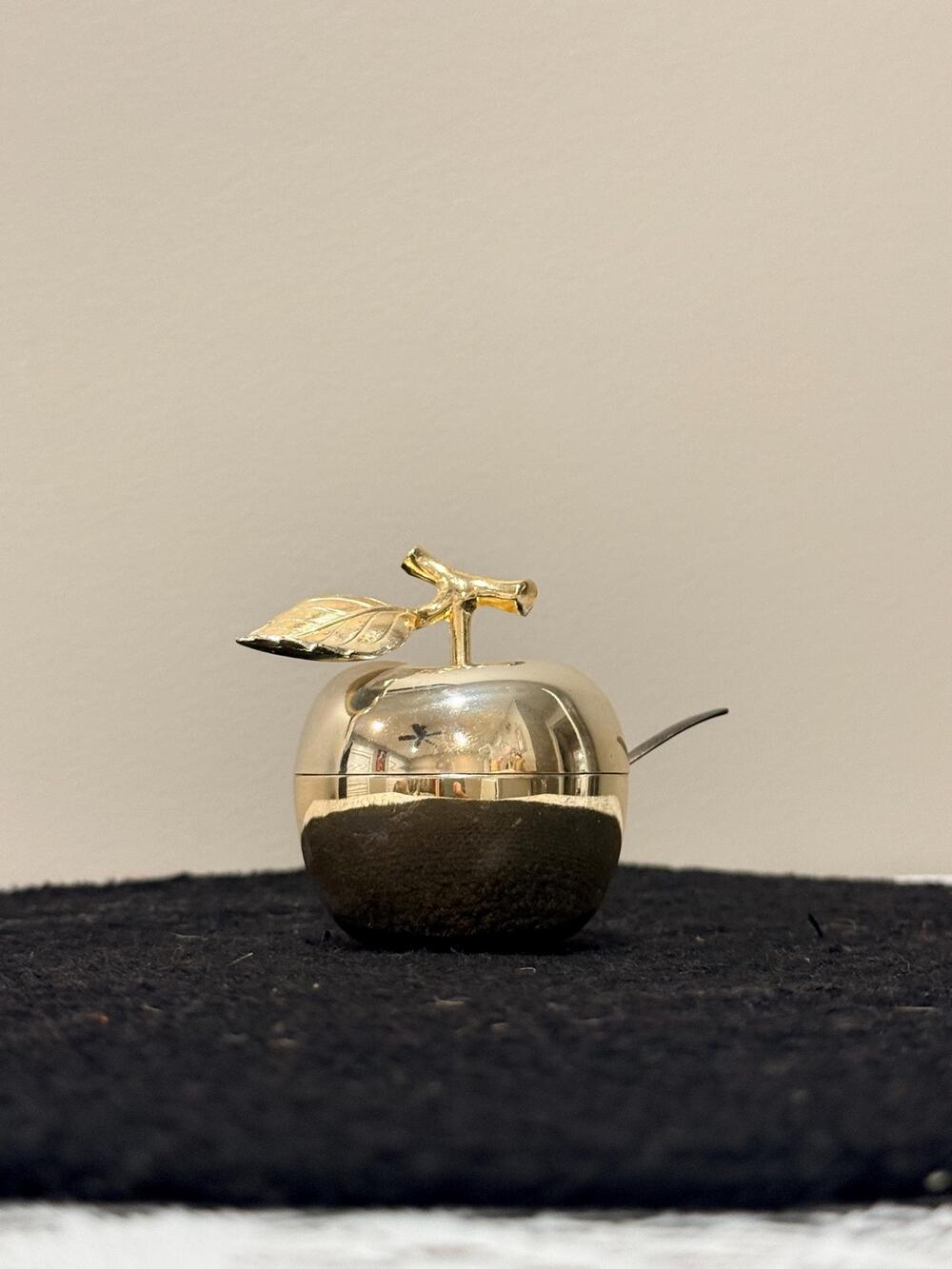 Vintage Apple Condiment Dish With Spoon, Gold Silver Tone Retro Kitchen